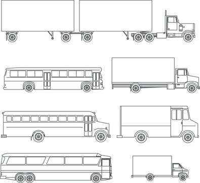 Set of clean line art vector illustrations showing side-profile elevation views of various commercial vehicles, heavy transport trucks, semi-trailers, box trucks, transit buses