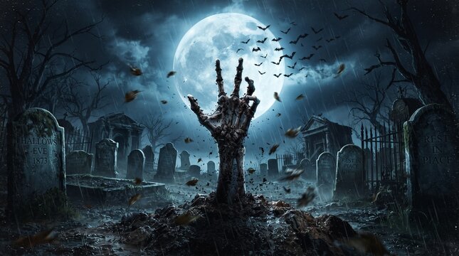 Zombie skeleton hand rising in dark Halloween night.