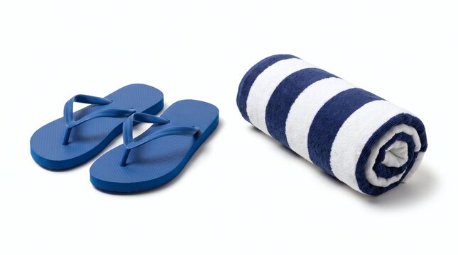 A pair of blue flip-flops and a rolled-up blue and white striped beach towel are neatly arranged on a clean white background, ready for a summer day.
