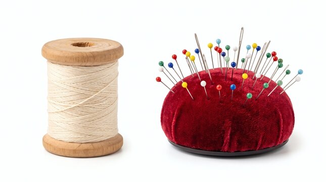 A wooden spool of natural thread stands next to a vibrant red velvet pincushion filled with colorful sewing pins and needles, all set against a clean white background.