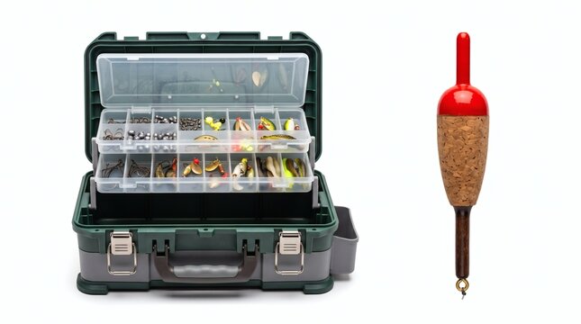 An open tackle box filled with various fishing lures and hooks is displayed next to a red and cork fishing bobber on a white background.