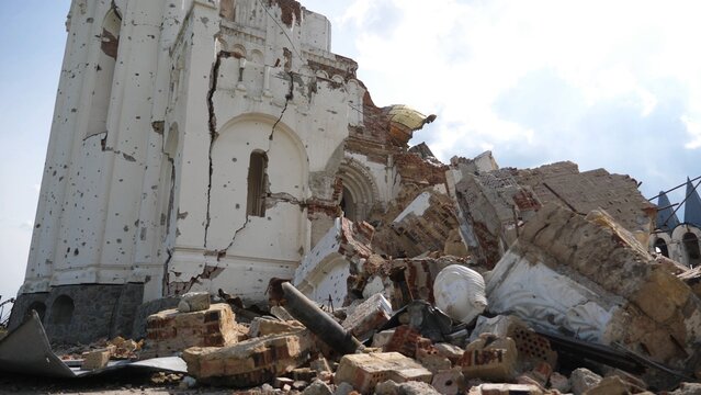 View to destroyed church at Kharkivska oblast. Ruined building after bomb attacks on ukrainian territory from russia army. Consequences of russian invasion of Ukraine. Slow motion