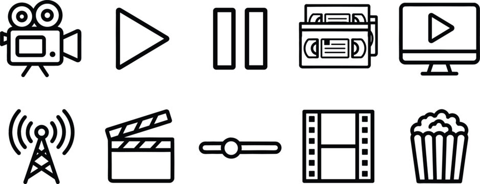 Minimalist multimedia linear icon set featuring movie camera play pause clapperboard strip and popcorn