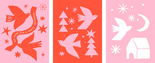 Obraz premium Pink and red vintage Merry Christmas greeting card collection with hand-drawn birds, stars, snowflakes and Christmas trees