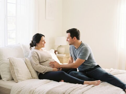 Pregnant woman and husband sitting on bed at home, happy couple expecting a baby