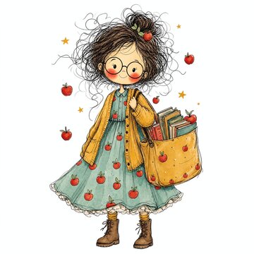 Doodle Teacher Girl Carrying a Tote Bag Full of Books