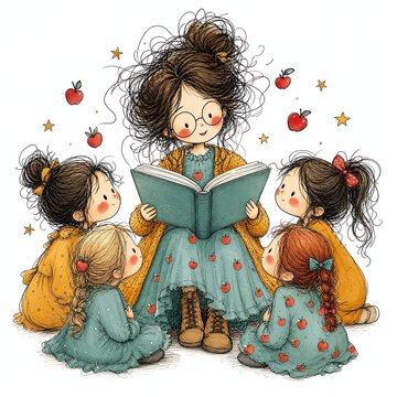 Doodle Teacher Girl Reading Aloud From a Big Open Book