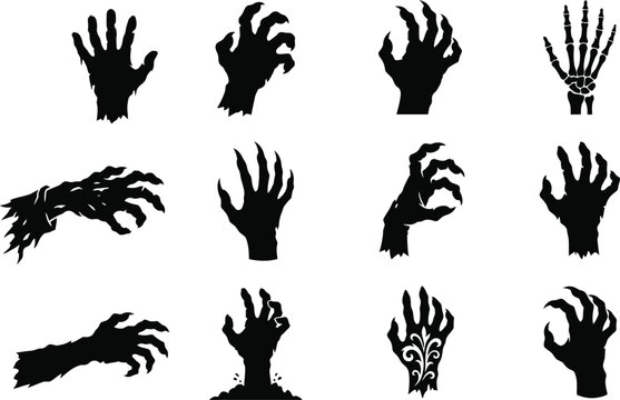 A spooky collection of dark silhouettes eerie zombie and monster hands for halloween decorations and designs