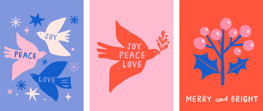Vintage winter holiday Joy, Peace, Love greeting card collection with hand-drawn birds, snowflakes and festive holly branch with berries.