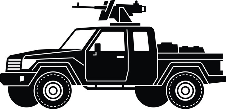 Military technical pickup truck vector silhouette side view illustration with roof mounted heavy machine gun isolated on white background.