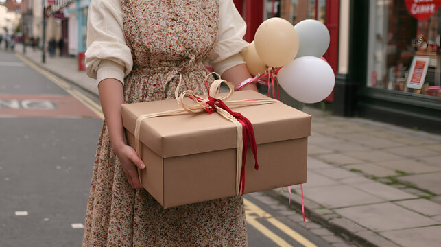 Gift box with a raffia bow carried along a street with balloons