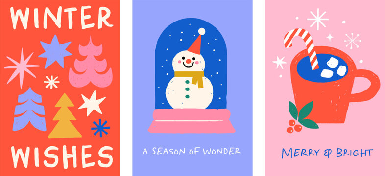Vintage winter holiday greeting card collection with hand-drawn Christmas trees, snowflakes, snowman and mug of hot chocolate with candy cane and marshmallows