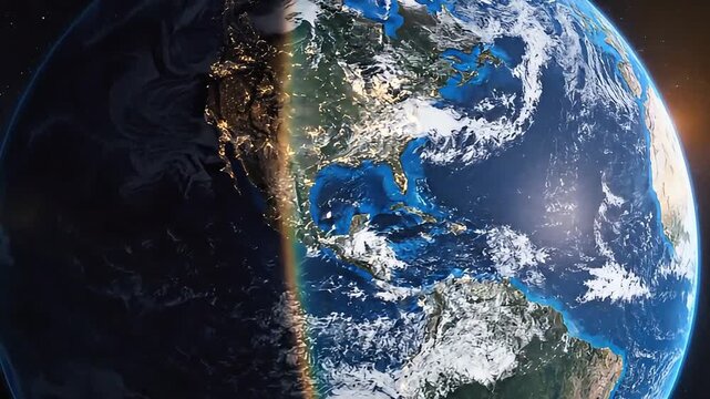 Earth Viewed from Space Showing Day and Night Terminator Line with City Lights and Cloud Formations