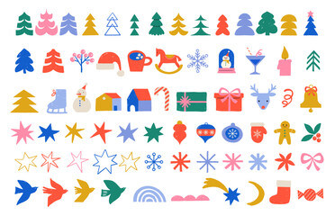 Fototapeta na wymiar Colorful hand-drawn Christmas icon set with Christmas trees, stars, snowflakes, toys, gifts and houses. Modern winter holiday graphic elements collection.
