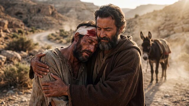 the good samaritan wearing a brown robe embraces and helps an injured bloody traveler on a dusty desert road while a donkey waits patiently in the warm sunny background