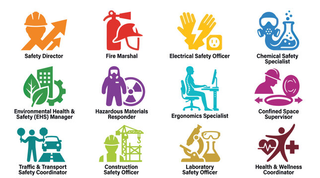 Occupational Safety Roles Flat Vector Icons Set. EHS Professionals, Specialists  Coordinators Glyph Illustrations