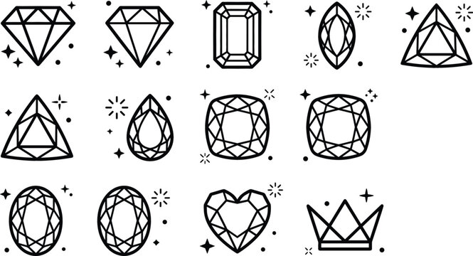 Minimalist diamond line icons set featuring luxury jewelry gemstone crystal and sparkling crown elements.