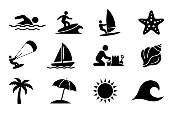 Summer water sports and beach icons collection silhouette isolated on transparent background