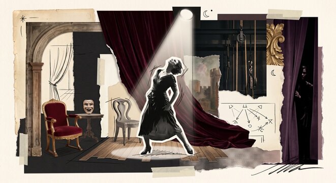 Dramatic mixed media collage of a theater stage with spotlighted performer, velvet curtains and layered handcrafted paper textures