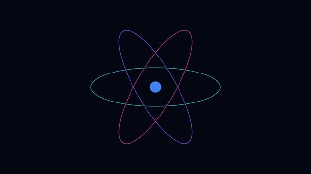 Animated atom model with rotating orbital rings, minimalist science concept for physics education and technology backgrounds animation 4k