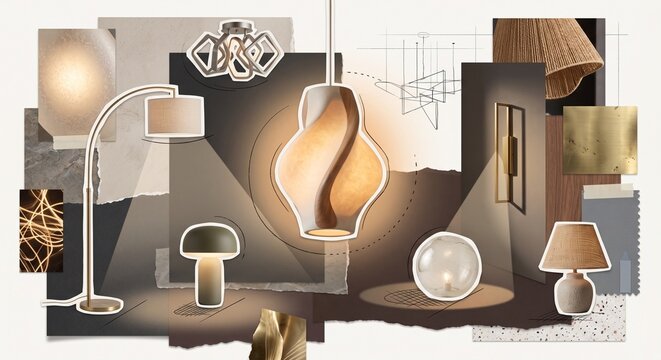 Artistic mixed media collage of designer lighting with sculptural lamps, warm glow, layered paper textures and refined interior material details