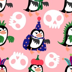 Fototapeta premium Halloween animals cartoon seamless penguin monsters pattern for wrapping and kids clothes print and party accessories