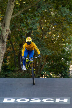 05 September 2026, A cyclist jumps mid-air during the Red Bull Cerro Abajo urban downhill race in Stuttgart, Germany.
