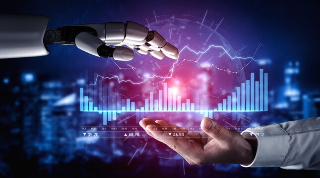 A captivating scene illustrating the interaction between a human hand and a robotic hand, set against a backdrop of financial data projections and advanced technology elements. Scalp
