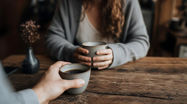 Two people sharing cozy moments with cups of coffee at a rustic wooden table.