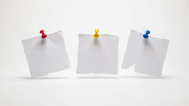 Three blank white paper notes pinned with red yellow and blue pushpins on a plain surface