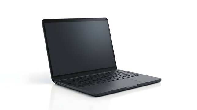 Open black laptop computer with blank dark screen, isolated on a white background, angled side view of a slim notebook device