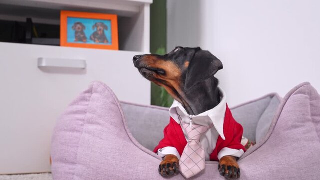 A black and tan dachshund dog dressed in a red jacket with white shirt and necktie lies then sits up in a plush pet bed, resting its paws on the edge and looking upward, a playful concept of business.