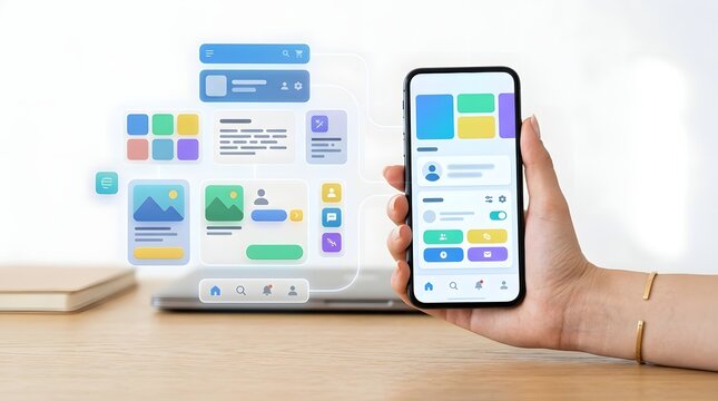 Hand holding a smartphone displaying a mobile application interface with floating ui and colorful data blocks on a desk
