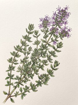 Botanical illustration of a flowering thyme herb sprig