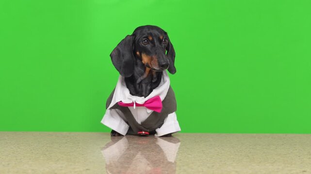 A black and tan dachshund dog wearing a white tuxedo shirt with pink bow tie sits on a reflective table against a green screen background, ready for compositing into any festive scene.
