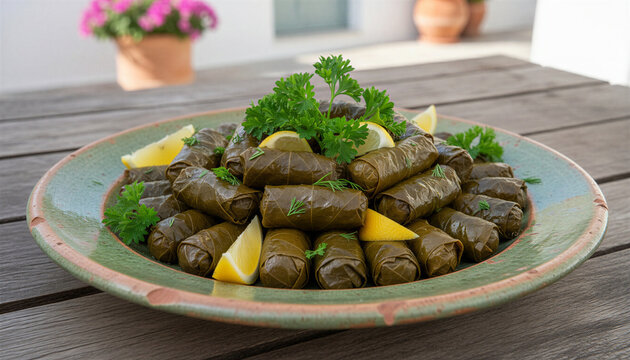 Traditional Greek dolmades served on a colorful plate with herbs and lemon