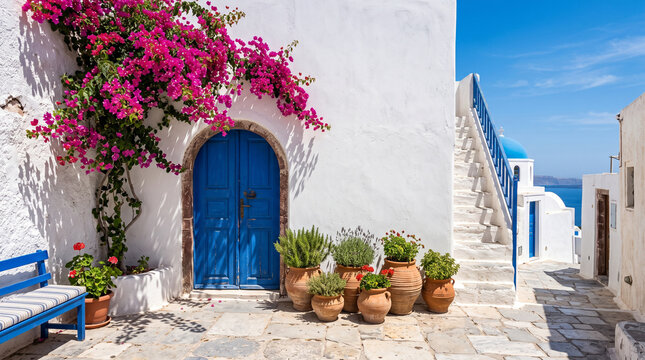 greek island courtyard with blue door and bougainvillea in santorini