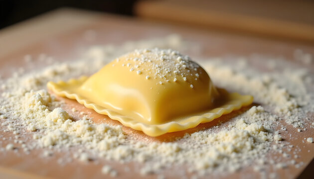 Ravioli Pasta Piece with Flour on Wooden Surface