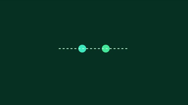 Minimalist loading animation with two pulsing circles and dashed line on dark 4k background, motion interface