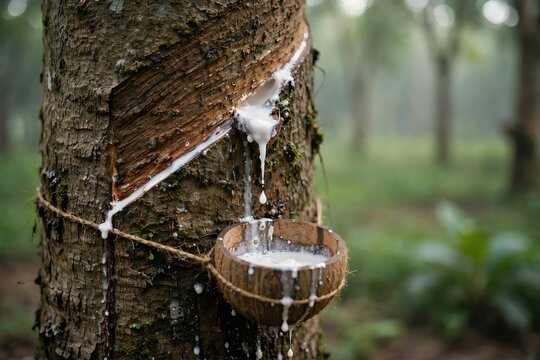 Close up of white latex dripping from a rubber tree, Hevea brasiliensis, into a coconut shell cup during the tapping process in a tropical plantation