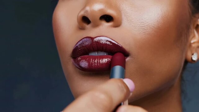 Close-up image of a dark red lipstick being applied to the lips of an African American woman, emphasizing the texture and shine of the lip color. Video made using Generative AI.