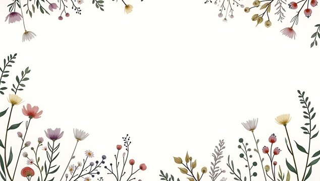Beautiful hand drawn floral border frame with colorful wild flowers and green leaves