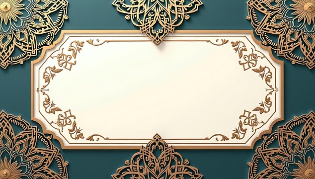 Elegant rectangle frame with dark green ornate mandala patterns and floral decorations