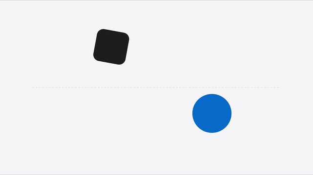 Minimalist motion with animation 4k black square and blue circle shapes moving on white background, motion abstract