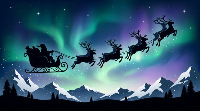 Silhouette of Santa sleigh and reindeer flying under northern lights