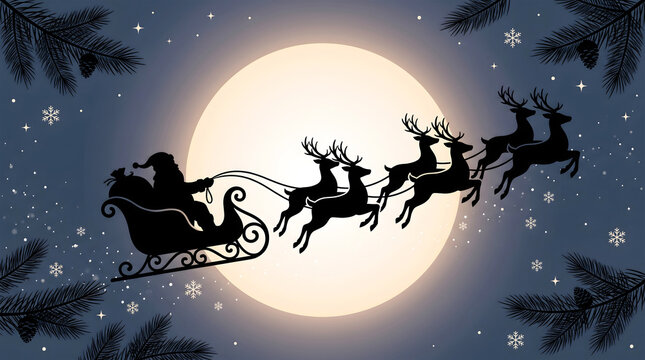 Silhouette of Santa sleigh and reindeer flying past full moon
