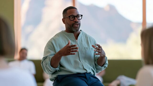 Man speaking in group discussion for workshop banner and corporate meeting background with relaxed indoor setting