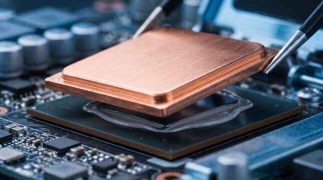 AI production chain stages. Computer chip cooling system installation with thermal paste on motherboard components