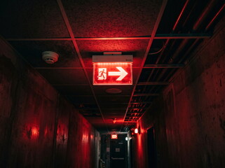 Fototapeta premium Illuminated Red Exit Sign in Dark Hallway Corridor