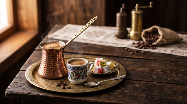 traditional turkish coffee in copper cezve with cup lokum and grinders